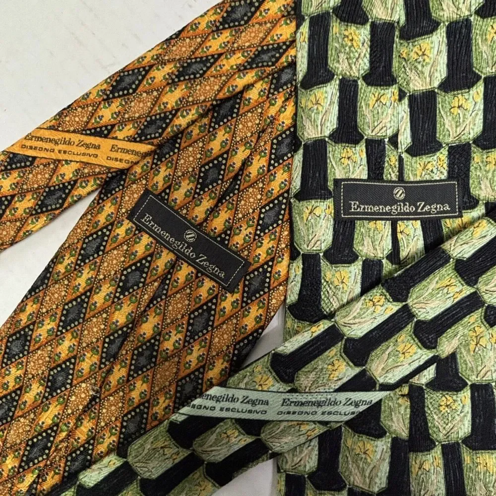 2 VTG ERMENEGILDO ZEGNA 100% Silk  Ties ITALY Designer Diamond Floral LOT EUC‎